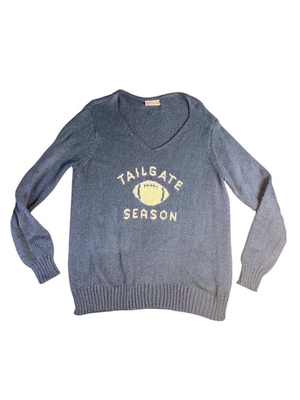 Wooden ships Tailgate Season Football V-Neck Sweater S/M Dusty Blue loose knit